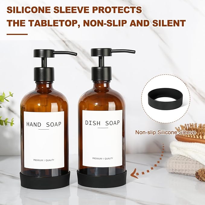Amber Glass Soap Dispenser 2 Pack, Hand Soap Dispenser Bathroom with Stainless Steel Pump, 16.9 Fl oz Hand and Dish Soap Dispensers Set Kitchen, Modern Brown Soap Lotion Dispensers Bottle
