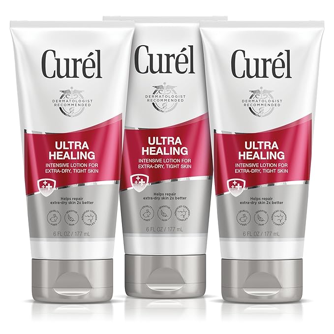 Curel Ultra Healing Intensive Fragrance-Free Lotion For Extra-Dry Skin, Ideal for Sensitive Skin, Cruelty Free, Paraben Free, Dermatologist Recommended, 6 Oz, Pack of 3