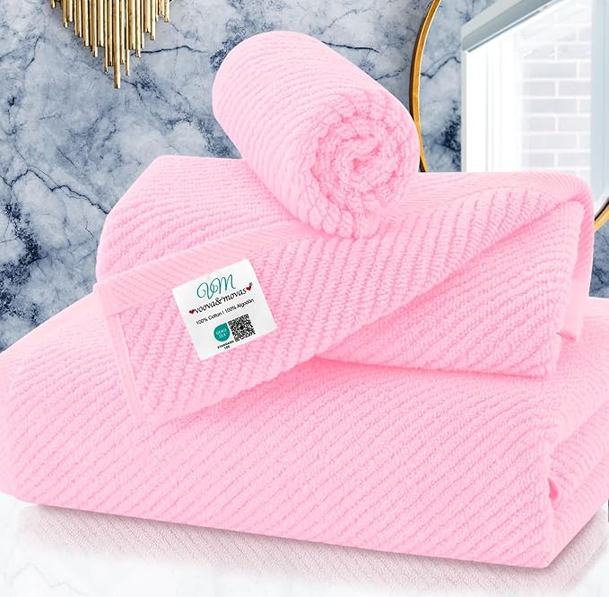 VOOVA & MOVAS Pink Towels for Bathroom - 100% Cotton | Quick Dry | Thick | Lightweight, 3PCS Towel Set, 1 Large Bath 30"x56", 1 Hand 18"x28", 1 Washcloth 13"x13", Bathroom Essentials