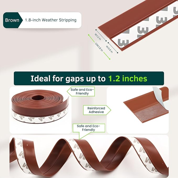 1.8in Brown Weather Stripping Door Seal – Thickened Silicone, Strong Adhesive, Maximum Coverage for Sealing Wide Gaps, Ideal for Extreme Weatherproofing