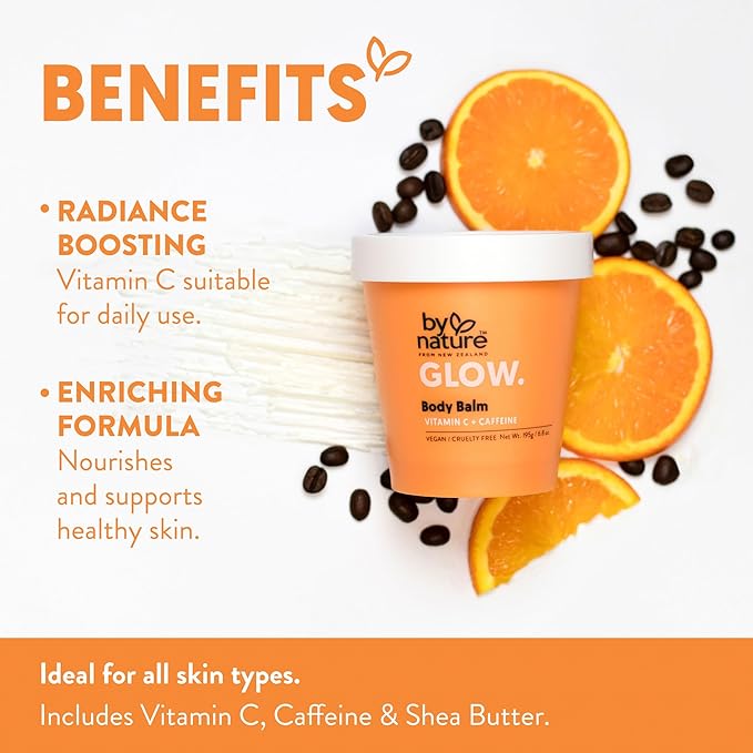 By Nature Glow Vitamin C + Caffeine Body Balm for Dark Spots – Hydrating Skin Moisturizer with Whipped Shea Butter – Vegan, Cruelty-Free, Made in New Zealand (6.8 oz)