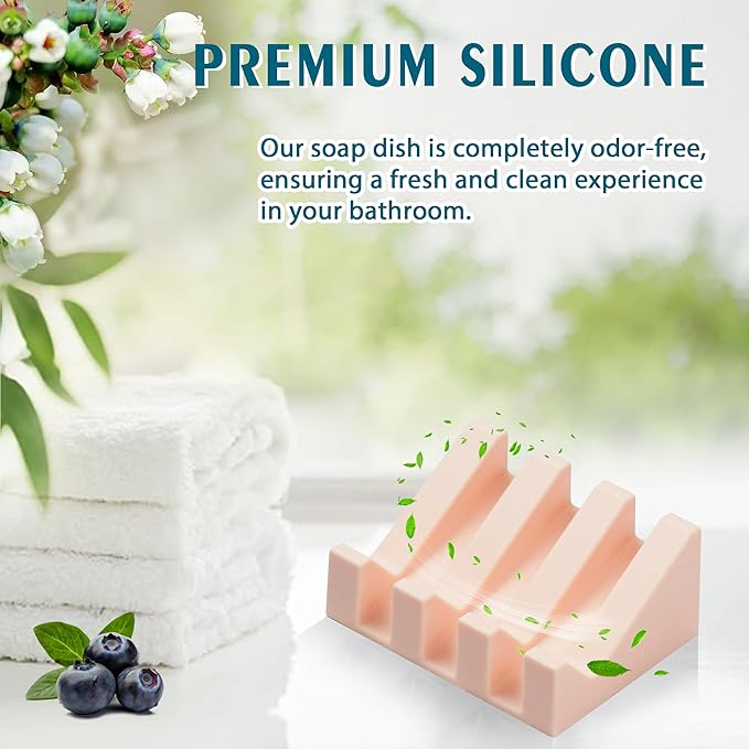 Silicone Soap Dish with Drain, Upgrade Double Suction Cups at The Bottom for Anti-Slip and Stability, Soap Dish Shower Waterfall Bar Soap Holder Tray with Drain Soap Holder (2, Pink)