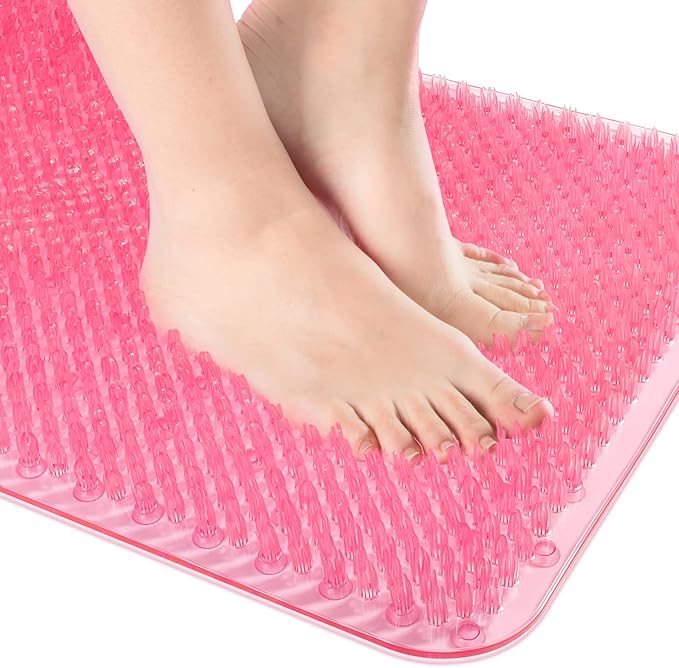 OTHWAY Non Slip Grassy Bathtub Mat : 25.6X13.4 inches Sturdy But Soft Bath Mat_Quick Drain Shower Floor Mat with Soft Bristles for Scrubbing Feet (Clear Pink)