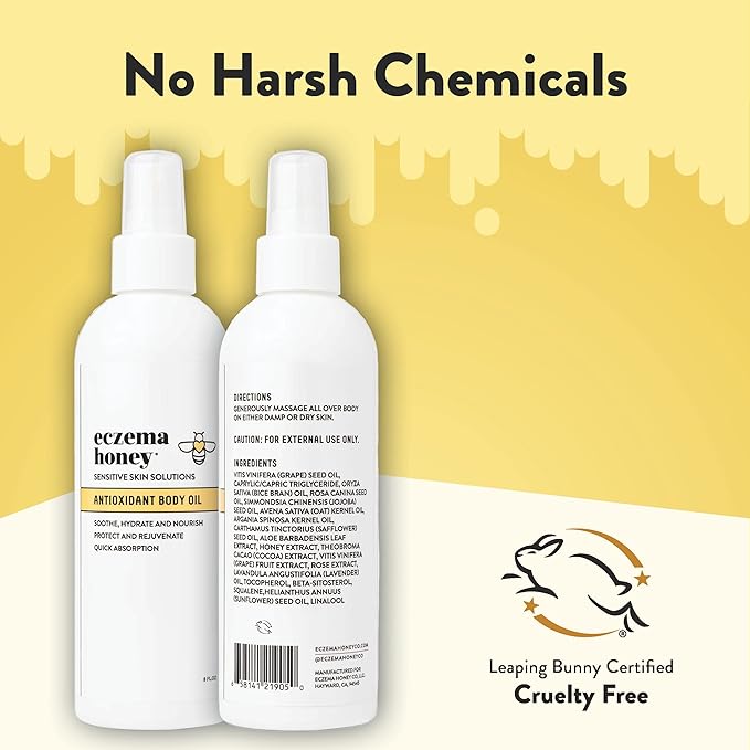 ECZEMA HONEY Antioxidant Body Oil - After Shower All Over Body Oil Spray for Skin - Eczema-Prone & Sensitive Moisturizing Skin Oil - Unscented Body Oils for Women, Men & Kids (8 Fl Oz)