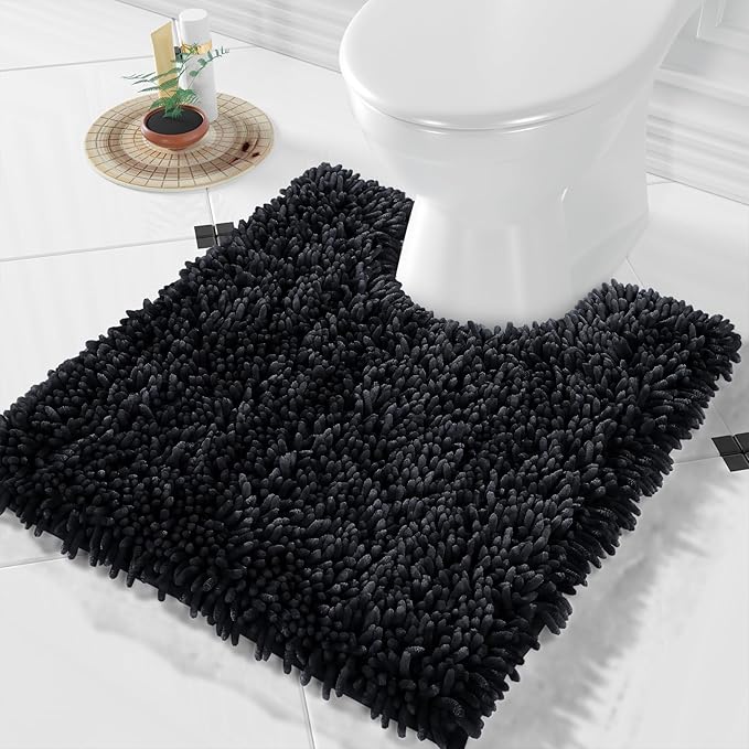 Yimobra Toilet Rugs U Shaped Washable, Extra Thick Soft Absorbent Chenille Contour Bathroom Rugs for Toilet 24x20 Inch, Quick Dry Non Slip Toilet Mat for Bath Floor, Black