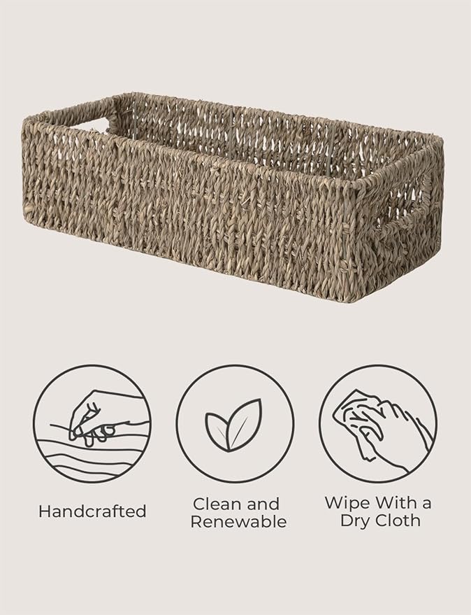 StorageWorks Seagrass Baskets with Built-in Handles, Bathroom Decor Box for Toilet Tank Top, 14 ¼"L x 6 ½"W x 3 ¾"H