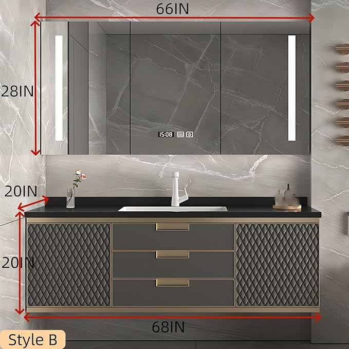 68IN Modern Bathroom Vanity - Wall-Mounted Bathroom Cabinet with LED Light | Intelligent Defogging Mirror Cabinet Includes Time Display Function, 2 Drawers & 2 Storage Cabinets (Style B)