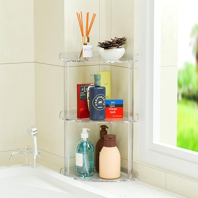 3 Tier Countertop Corner Organizer Shelf 7x7x15.7 Inch, Countertop Acrylic Bathroom Corner Shelf, Clear Vanity Storage Organizer for Cosmetics, Toiletries