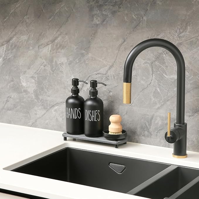MOMEEMO Matte Black Soap Dispenser Set Comes with Stainless Steel Pumps, Instant Dry Tray, and Dish Scrub Brush, Suitable for Matte Black Kitchen Accessories. (Black)
