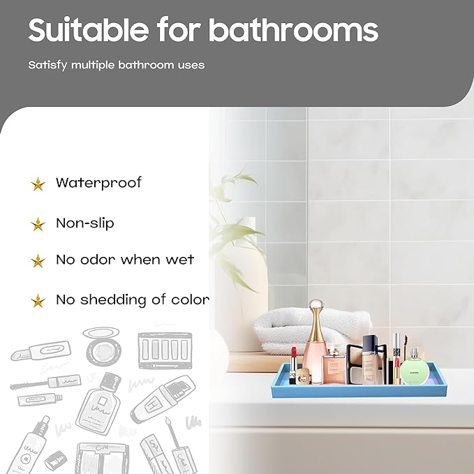 Vanity and Bathroom Tray, 11.8" ABS Countertop Organizer,Waterproof Vanity Tray for Toilet Tank,Perfume,Soap,Keys,Bathroom Accessories,Kitchen and Bath Trays,Non Slip Small Trays,Blue,2 Pack