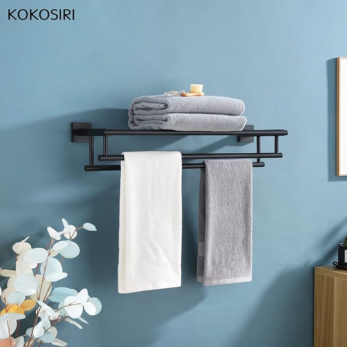 KOKOSIRI Bath Towel Rack with Double Towel Bars Bathroom Towel Shelf 24 Inch Towel Holder Wall Mounted Stainless Steel, Matte Black, B6005BK-L24