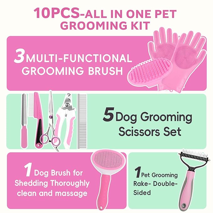 Bath Grooming Kit for Pets, 10pcs Dog Brush for Shedding with Dog Nail Clipper and Trimmer, Dog and Cat Grooming Supplies, Dematting Comb for Dogs, Pet Bath Supplies