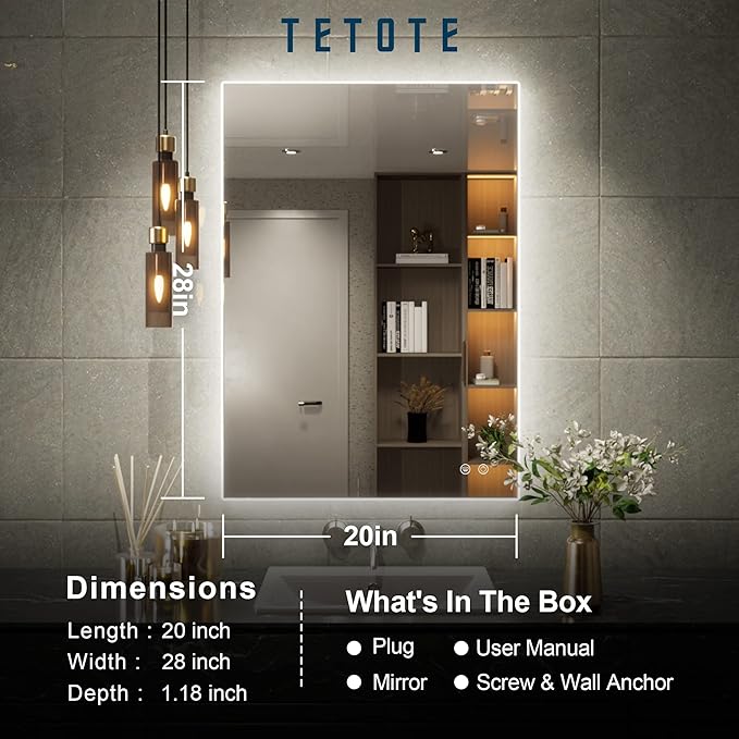 TETOTE 20 x 28 LED Backlit Bathroom Mirror with Light,3Color White/Warm/Natural,Anti-Fog Lighted Mirror,Dimmable,Vanity Mirror,Wall Mounted