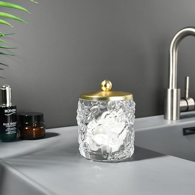 Clear Transparent Apothecary Floral Embossed Glass Jar With Gold Metal Lid Cover for Bathroom Organization, Cotton Balls, Q Tips, and Small Accessories, Bathroom Storage