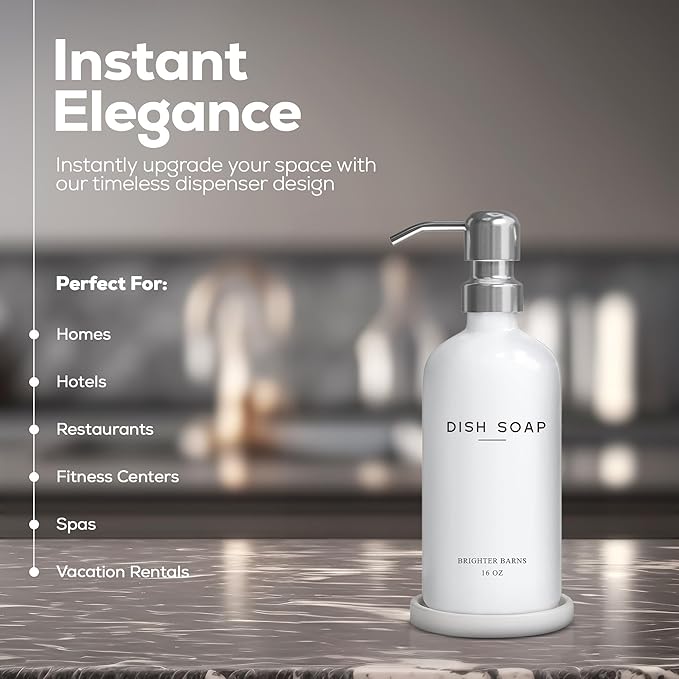 White Glass Dish Soap Dispenser for Kitchen Sink by Brighter Barns - Modern Kitchen Soap Dispenser Set - Refillable Glass Bottle with Pump - Neutral Minimalist Home Decor in Airbnb, Restaurant (White)