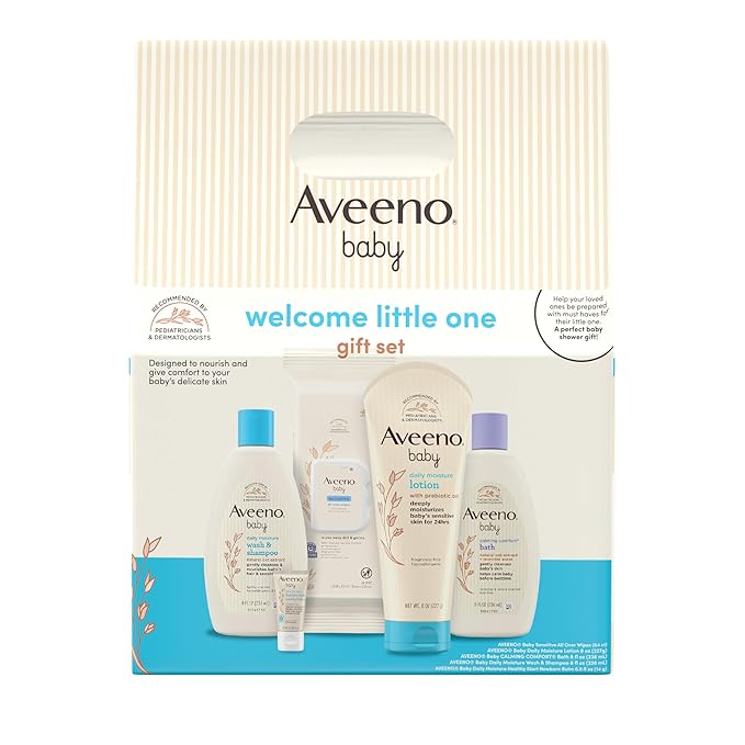 Aveeno Baby Welcome Little One Gift Set, Skincare Set with Nourishing Body Wash & Shampoo, Calming Bath Wash, All Over Wipes, Daily Moisturizing Lotion, & Balm, 5 Items