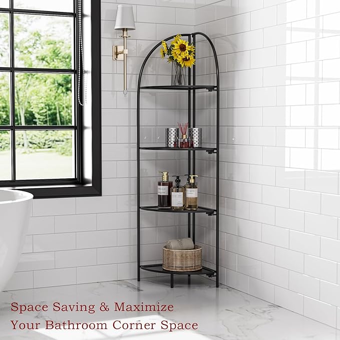 Crofy Foldable 4 Tier Corner Shelf, Metal Corner Plant Stand with Black Frame and Black Shelves, Corner Display Rack Multipurpose Shelving Unit for Living Room, Bedroom, Bathroom