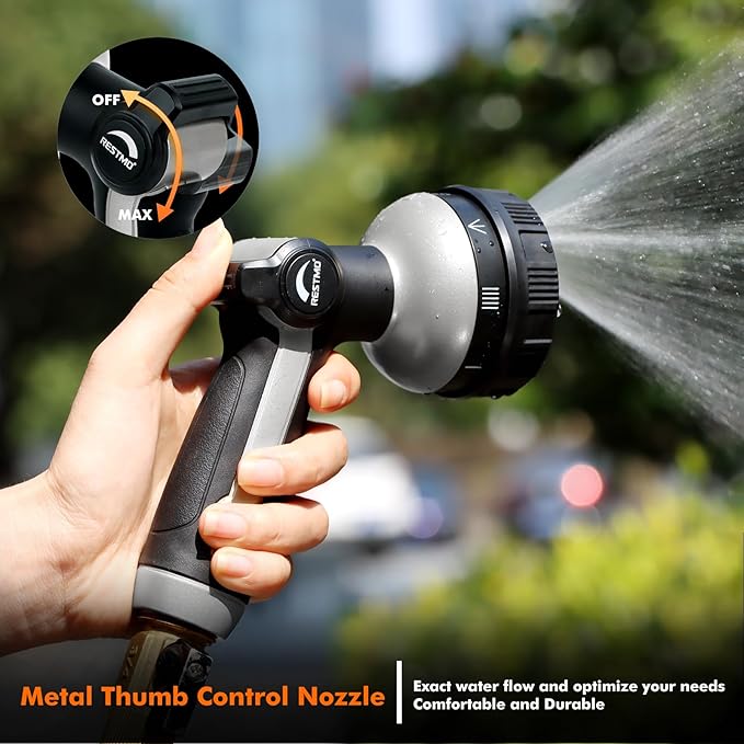 RESTMO Full Shower Hose Nozzle, Metal Spray Nozzle for Garden Hose, 8 Spray Patterns, Water Hose nozzle with Thumb Control, Ideal for Outdoor Lawn & Plant Watering, Car & Pet Washing, Silver
