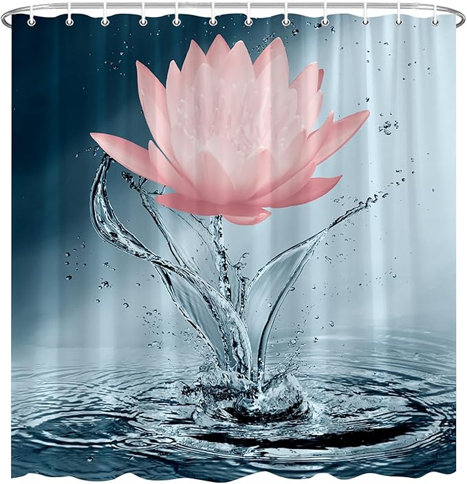 Lotus Shower Curtain Blue Red Flower Elegant Blooming Floral with Dew Spring Flower Reflection on Water Modern Romantic Polyester Fabric Bathroom Decor 86×70 Inch with Hook