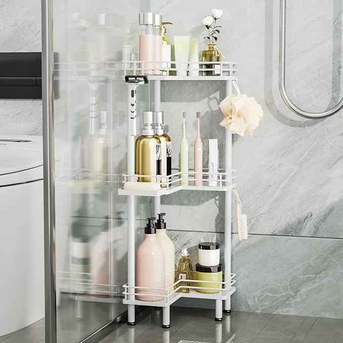Consumest Corner Shower Caddy Standing - 3-Tier Stainless Steel Shower Organizer with Soap Holder and 4 Hooks, Large Capacity Corner Shelf Stand for Bathroom, Rest Room, White