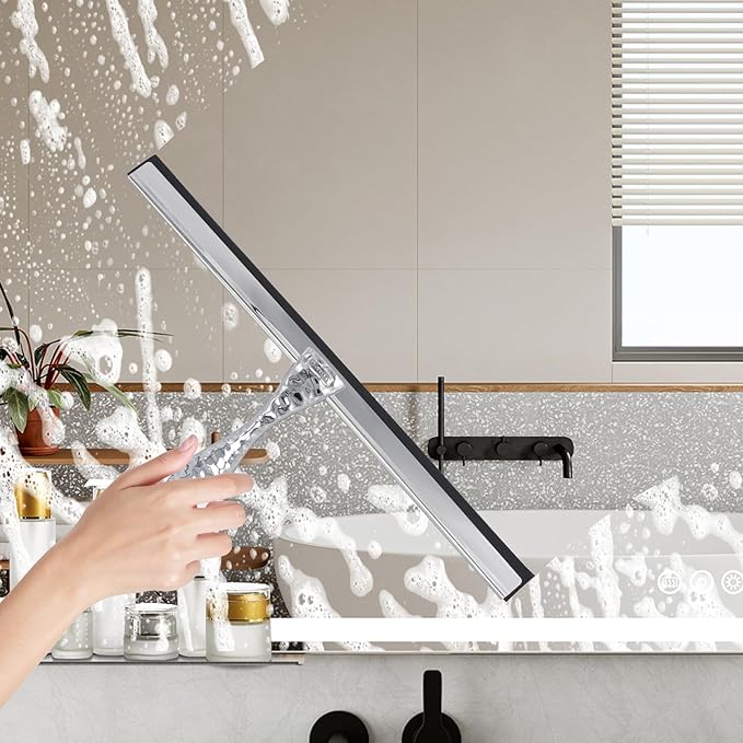 All-Purpose Silicone Shower Squeegee for Shower Glass Door,with 1 Hooks,for Bathroom Glass, Car, Tile Wall, Mirror Cleaning - Flower Shaped Handle for Easy-Grip 14 Inch Silver