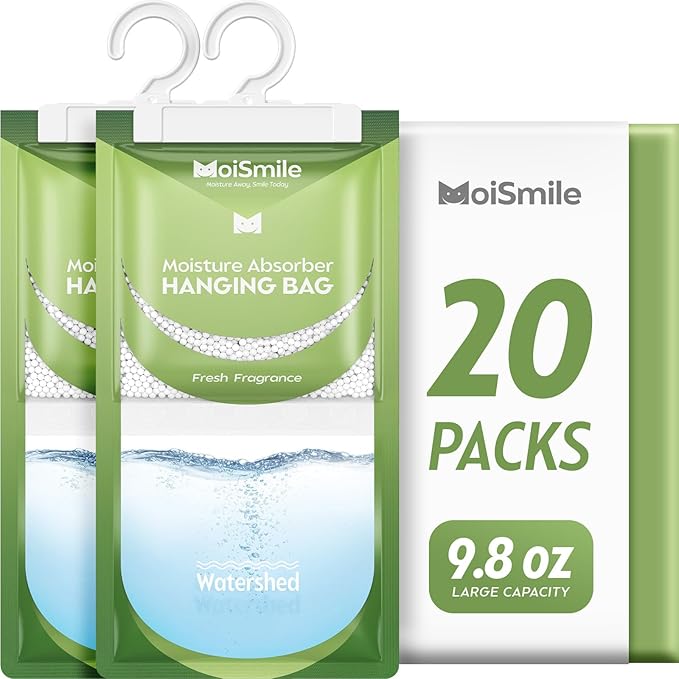 Moisture Absorbers 20 Pack Fresh Fragrance, Hanging Closet Dehumidifier Bags, Humidity Absorber, Compact Eliminates Odors Humidity Packs for Car, Bathroom, Bedroom, Basement, 9.8OZ