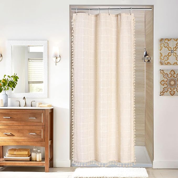 MitoVilla Boho Small Stall Shower Curtain 36 x 72, Beige Narrow Polyester Linen Fabric Shower Curtains for Farmhouse Bathroom Decor, Half Size Cloth Shower Curtain Set with Hooks, Cream