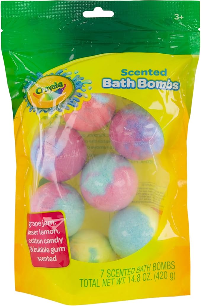 Crayola Colorful Scented Bath Bombs for Kids, Color You Bath Non-Toxic Bathbomb Fizzies for Boys Girls Holiday Stocking Stuffer, Grape Jam, Laser Lemon, Cotton Candy, & Bubble Gum Scents
