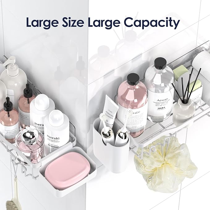 Shower Caddy Adhesive Shower Organizer 7-Pack, Rustproof Stainless Steel Bathroom Shelves, Large Capacity No-Drill Rack Storage Accessories with Soap Dish Toothbrush Holder Hooks (White)