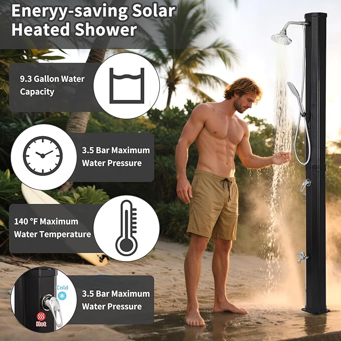 9.3 Gallon Solar Heated Outdoor Shower, 7.2FT Height, 360°Rotating Rainfall + 6FT Handheld Shower + Foot Faucet, Freestanding Black Poolside Shower with Hot & Cold Water Adjustment