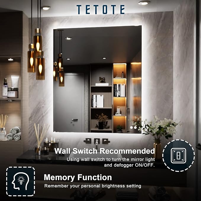 TETOTE 30x36 Inch LED Backlit Bathroom Mirror with Lights,Anti-Fog,Dimmable Lighted Mirror(Horizontal/Vertical) Wall Mounted Vanity Mordern Mirror