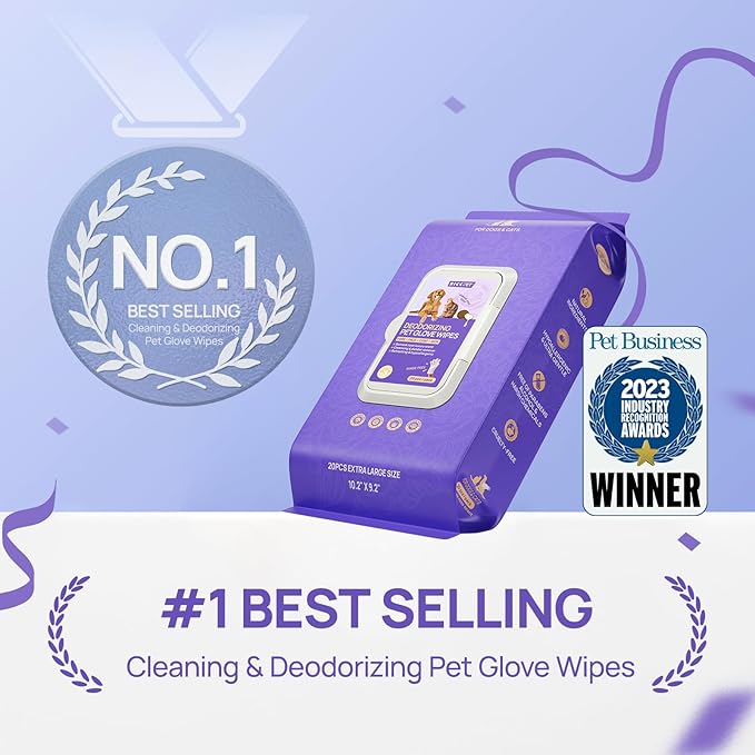 HICC PET Cleaning Deodorizing Glove Wipes for Dogs & Cats, Vet Recommended Hypoallergenic Hydrating & Nourish Fur Pet Grooming Glove Wipes, Pet Bathing Wipes for Horse Coat Care, 20pcs Rose Scent