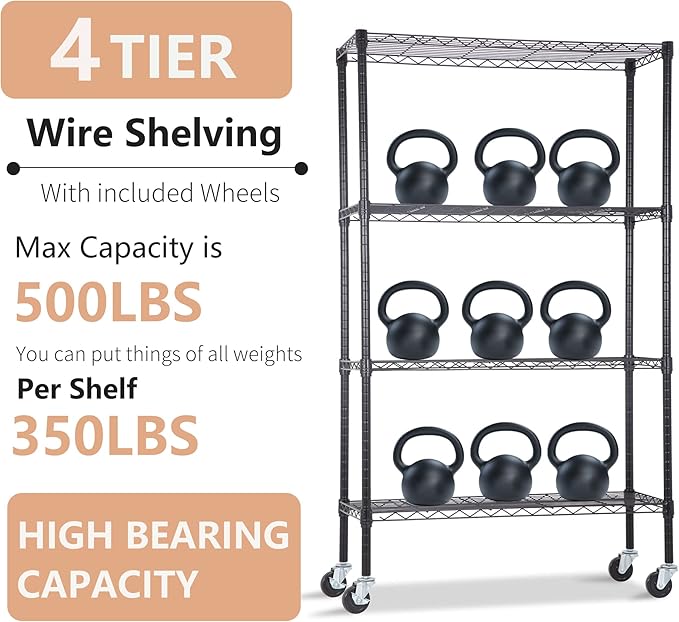 BestOffice | 4-Tier Wire Storage Shelves with Wheels | 36x14x62 | Black | Adjustable Racks | Heavy-Duty Metal Shelf, Holds Upto 500 lbs | No-Tool Assembly | Ideal for Home & Garage Shelving
