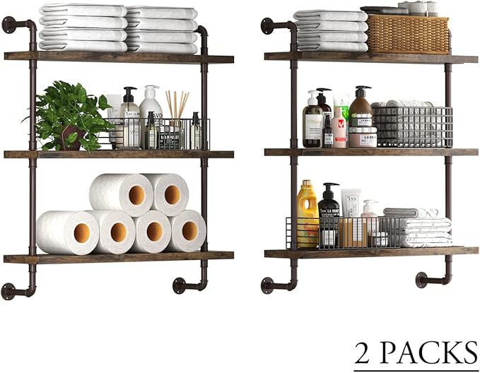 Industrial Pipe Shelf Wall Mounted, Rustic Wood Floating Shelves, 3 Tier Wall Display Bookshelf, Storage Rack Sundries Holder for Kitchen Office Bathroom Organization and Home Decor (24inch x 2)
