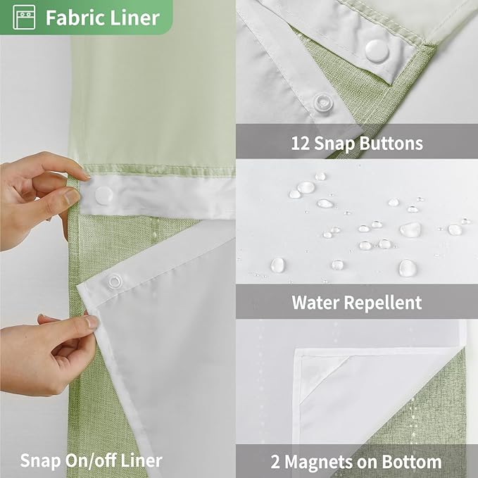 Sage Green Farmhouse No Hook Shower Curtain Set with Snap-in Fabric Liner,Boho Heavy-Duty Linen Textured Rustic Striped Design,Water-Repellent with Tassels and Sheer Window,71x74