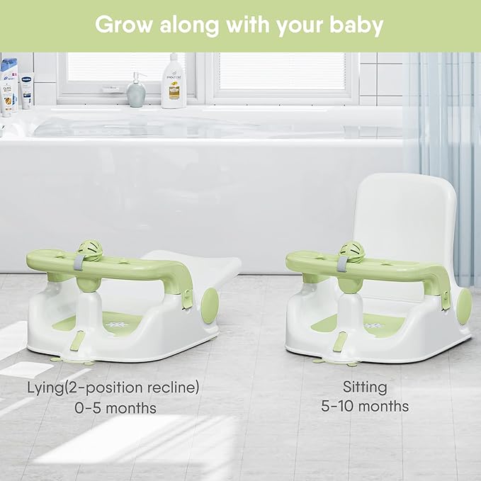 Baby Bath Seat with Sitting & Lying 2 Modes, 3-Speed Adjustment, Powerful Suction Cups, Infant Bathtub Chair with Washable Pillow, Folding and Hanging