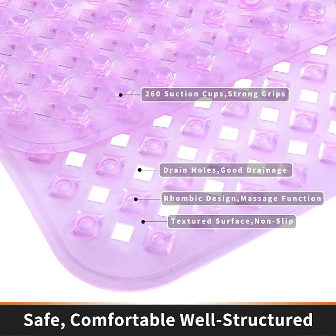 Yimobra Non Slip Bath Mat, Super Strong Suction Cups,34.5"x15.5"Long Tub Mat with Drain Holes, Machine Washable Fast Draining Shower Mats, Bathroom Essentials,Clear Purple