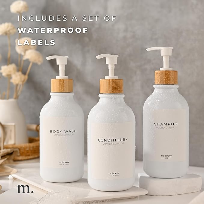 MaisoNovo Refillable Shampoo and Conditioner Bottles | 16.9 fl oz Set of 3 White Plastic Bottles White Bamboo Pumps