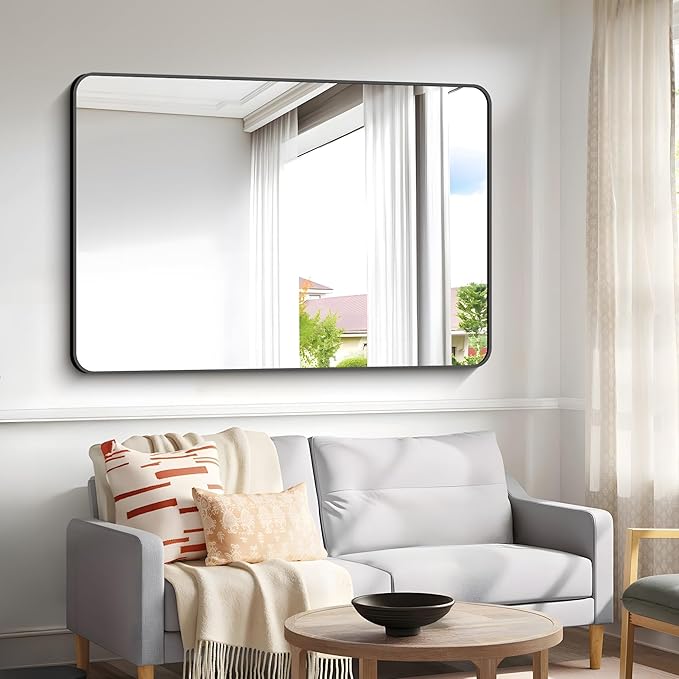 55x36 inch Bathroom Mirror,Black Rectangle Mirror,Wall Mounted Bathroom Frame Vanity Mirror with Round Corner for Bedroom Living Room, Entryway Hangs Horizontal or Vertical