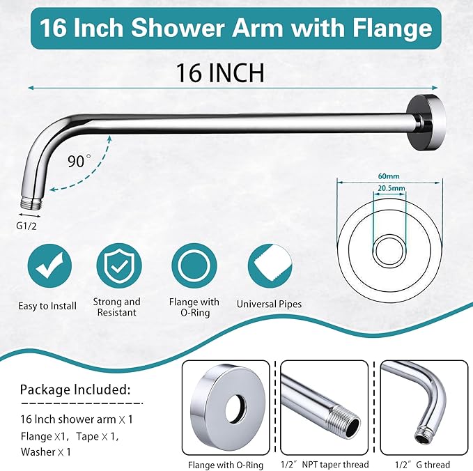 16 Inch Shower Arm with Flange,Stainless Steel 90 Degree Rain Shower Head Extension Arm,Wall-Mounted Shower Head Arm for Fixed Shower Head,Chrome