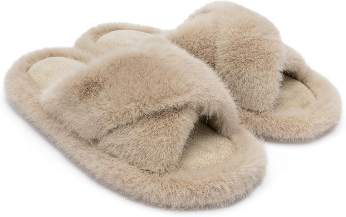 Chantomoo Womens Slippers Memory Foam Fuzzy Cross Band Faux Fur Slippers for Women Gift