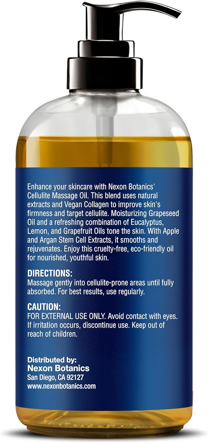 Anti-Cellulite Massage Oil for Massage Therapy 8 fl oz - Refreshing and Relaxing - Natural Oils with Vegan Collagen and Stem Cells - for Men and Women - Nexon Botanics