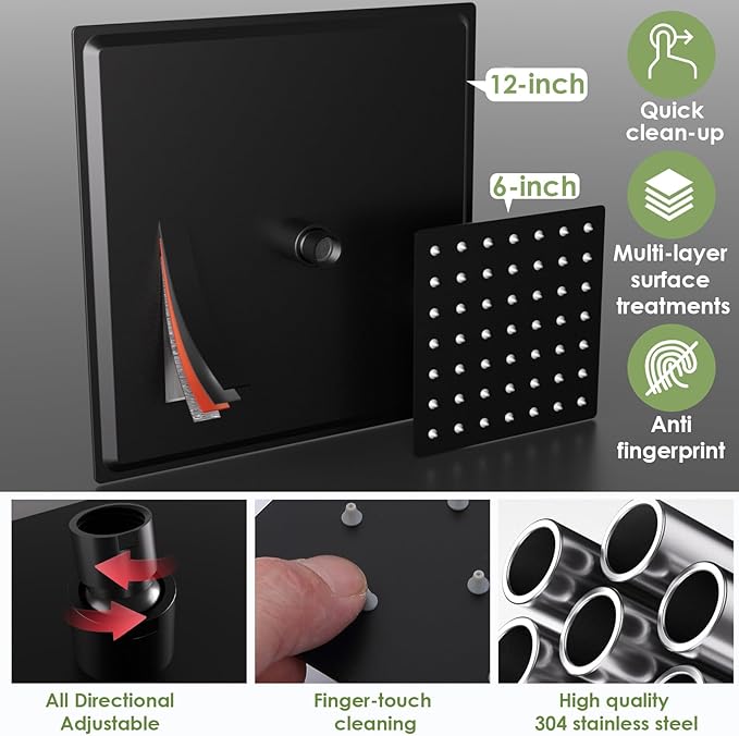 Enga Thermostatic Dual Shower System, 12"+6" Wall Mount Dual Rain Shower Faucet, All Functions Use Together & Volume Adjustable, Matte Black