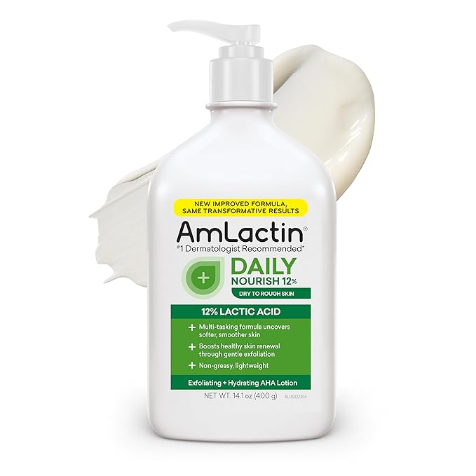 AmLactin Daily Nourish Therapeutic Body Lotion for Dry Skin - No-Scrub Exfoliator and Moisturizer 12% Lactic Acid Lotion, 14.1 oz (Packaging May Vary)