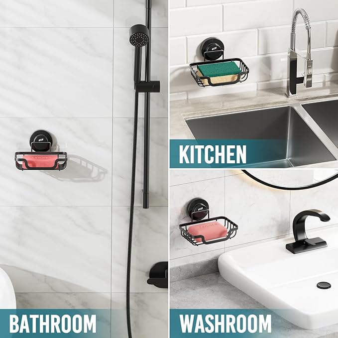 TAILI Soap Holder Dish Suction Cup, Bar Shampoo Rack for Shower Wall, Draining Soap Saver Tray for Bathroom, Rustproof Stainless Steel Sponge Holder for Tub, Kitchen, Drill-Free, Black