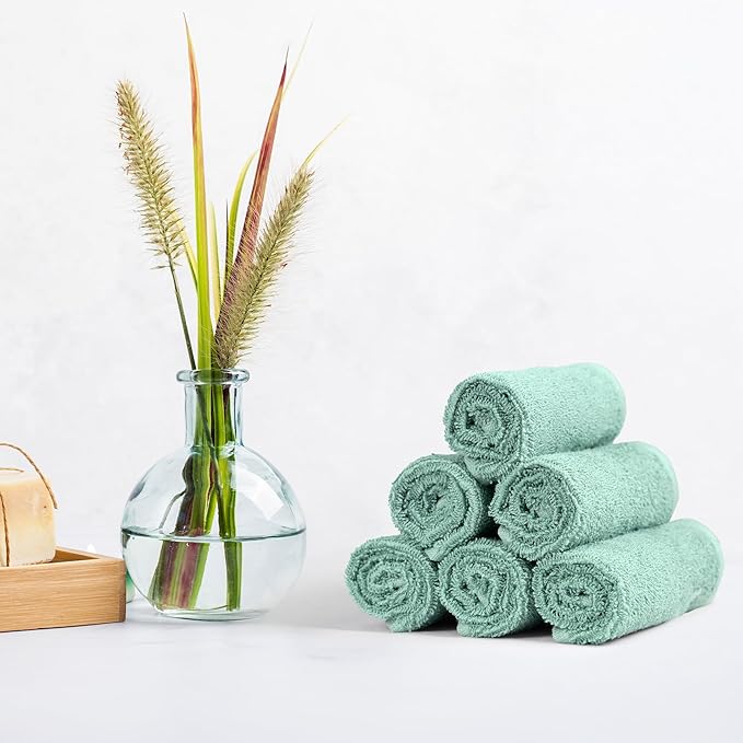 Amazon Basics Washcloth for Bathroom, 100% Cotton Extra Absorbent, Fast Drying - Salon Towels - Seafoam Green, 12 x 12 inches (Pack of 144)