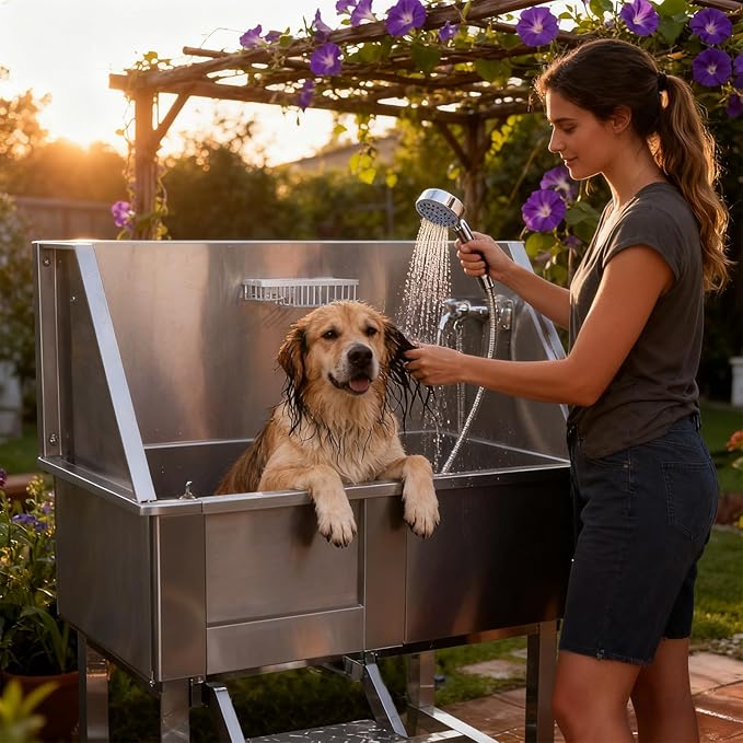Dog Grooming Tub 38inch Stainless Steel Dog Bathing Station with Non-Slip Steps Faucet for Small to Large Pet up to 220lbs – Pet Wash Tub for Home Grooming Use