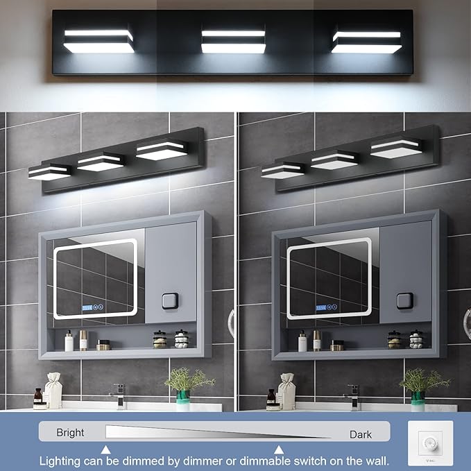 SineRise LED Modern Bathroom Vanity Light Fixtures (3-Light, 24-Inch, Dimmable), Matte Black Modern Acrylic Bathroom Wall Lighting Fixtures Over Mirror (Cool White 6000K)