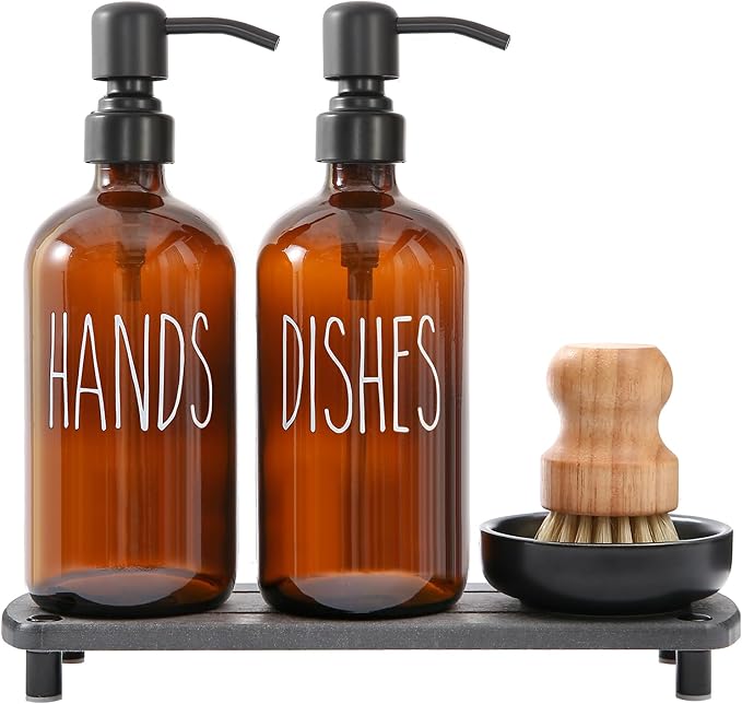 MOMEEMO Amber Glass Soap Dispenser Set Comes with Stainless Steel Pumps, Instant Dry Tray, and Dish Scrub Brush, Suitable for Soap Dispenser for Kitchen Sink. (Amber)