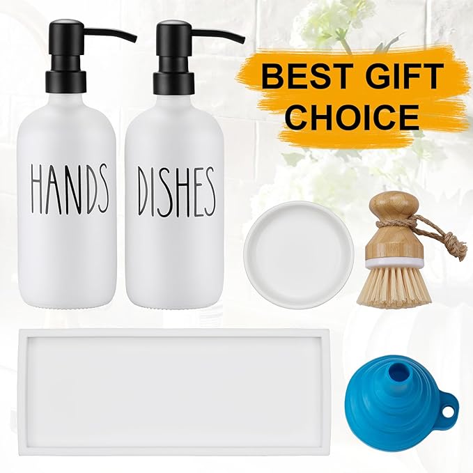 Glass Soap Dispenser for Kitchen, Farmhouse Dish Hand Soap Dispenser Set, Rustproof Pump Dispenser Set with Tray and Dish Brush, Kitchen Decor（White）